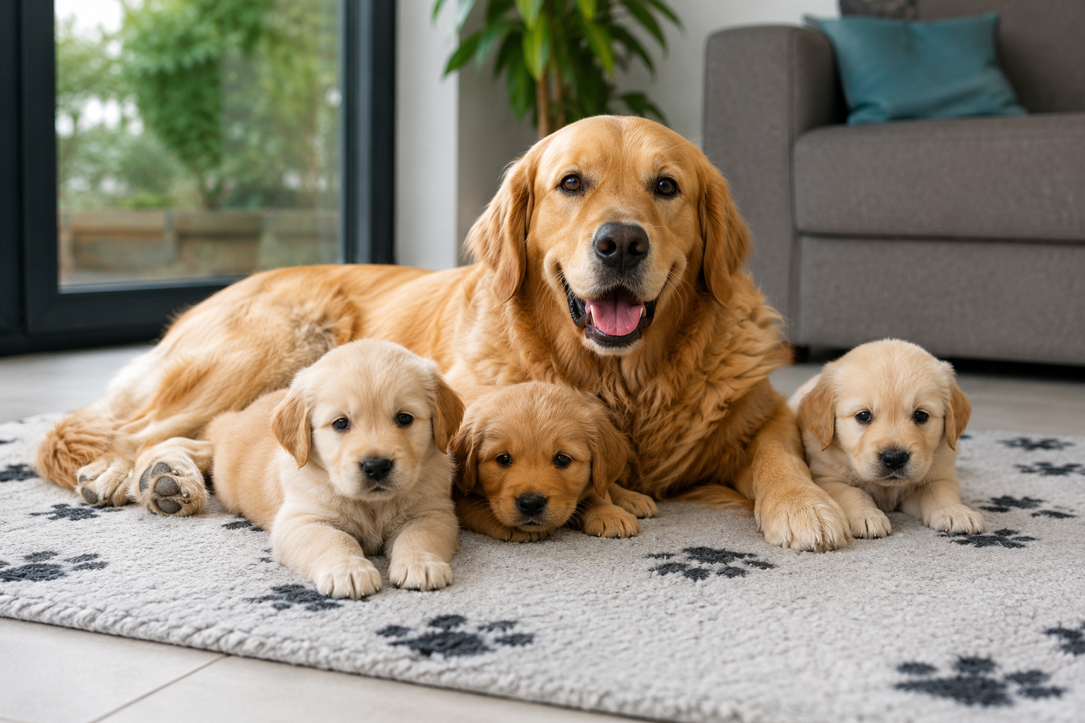 A golden retriever with three puppies lying on a rug at home